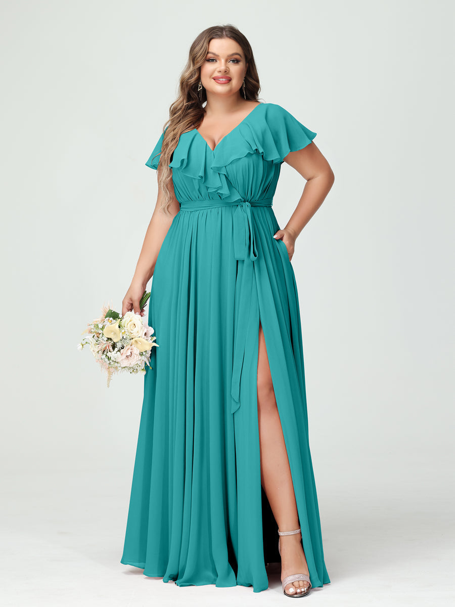 A-Line/Princess V-Neck Short Sleeves Chiffon Ruffles Plus Size Bridesmaid Dresses With Pockets Aqua Blue