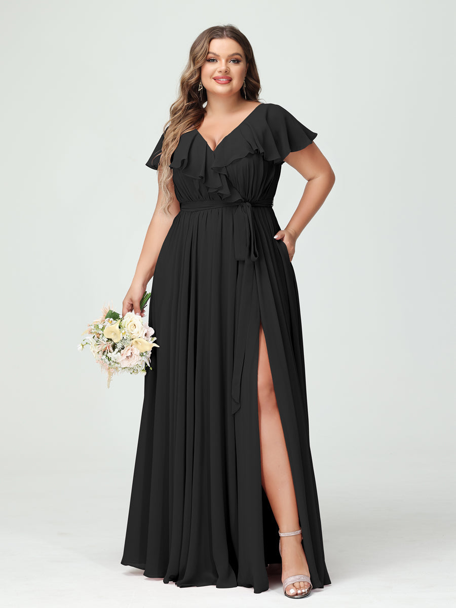 A-Line/Princess V-Neck Short Sleeves Chiffon Ruffles Plus Size Bridesmaid Dresses With Pockets Black