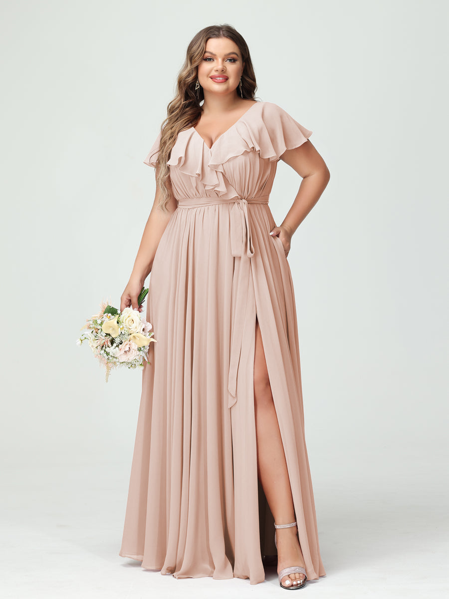 A-Line/Princess V-Neck Short Sleeves Chiffon Ruffles Plus Size Bridesmaid Dresses With Pockets Blush Pink