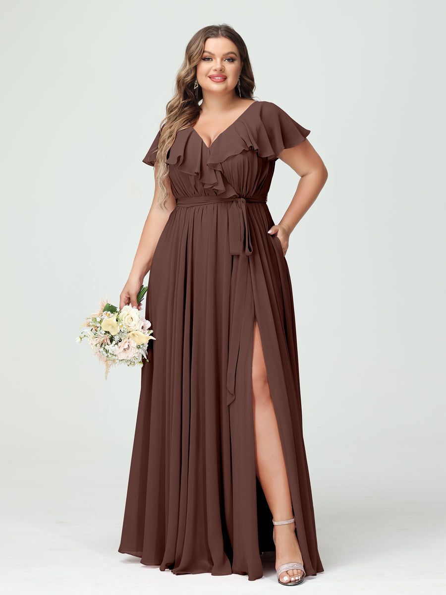 A-Line/Princess V-Neck Short Sleeves Chiffon Ruffles Plus Size Bridesmaid Dresses With Pockets Brown