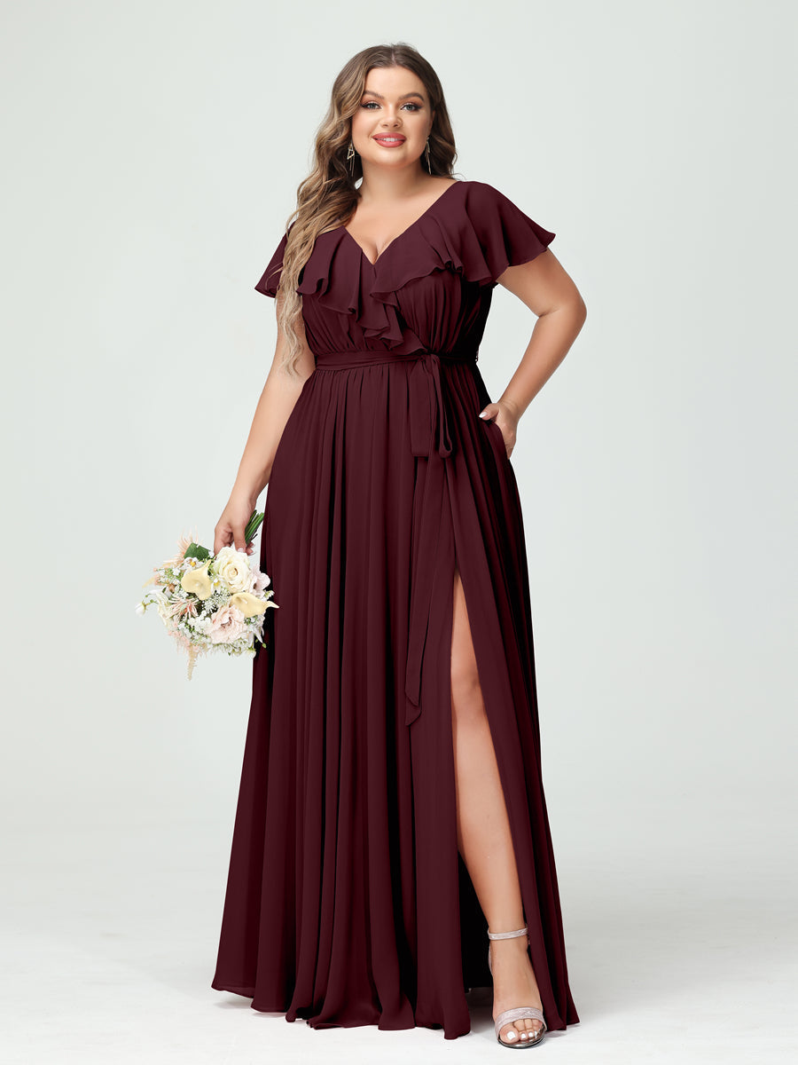 A-Line/Princess V-Neck Short Sleeves Chiffon Ruffles Plus Size Bridesmaid Dresses With Pockets Burgundy