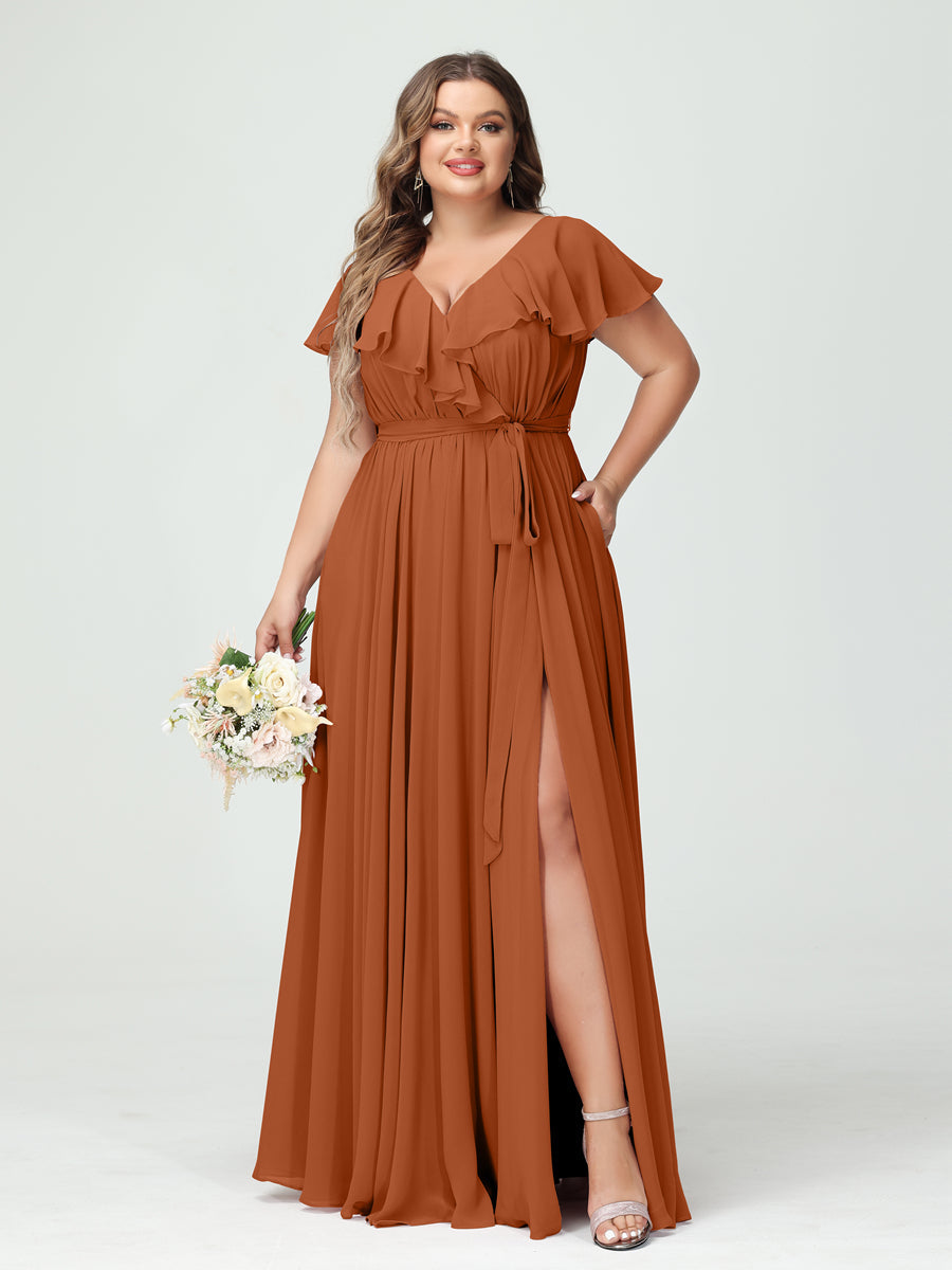 A-Line/Princess V-Neck Short Sleeves Chiffon Ruffles Plus Size Bridesmaid Dresses With Pockets Burnt Orange