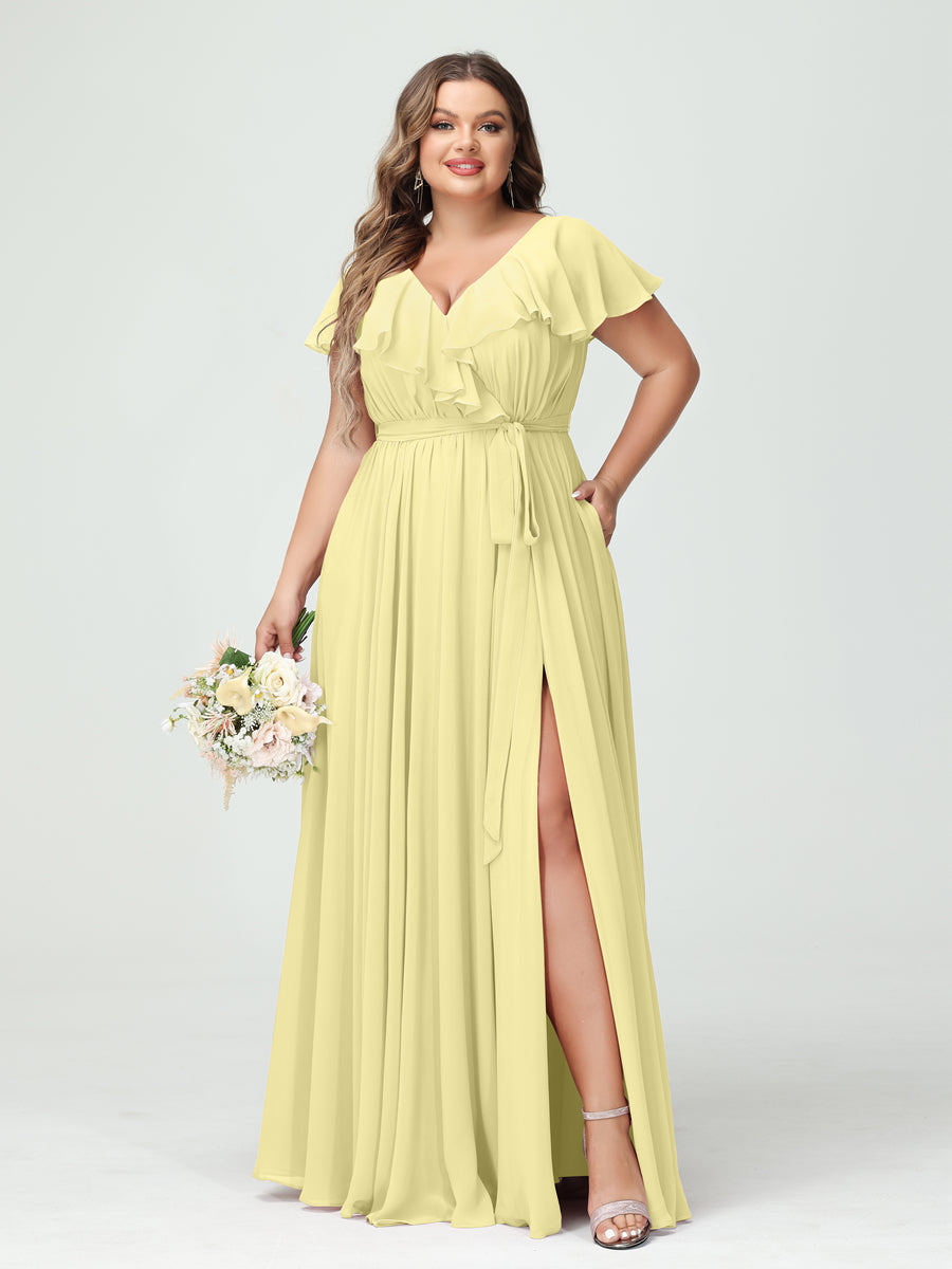 A-Line/Princess V-Neck Short Sleeves Chiffon Ruffles Plus Size Bridesmaid Dresses With Pockets Canary