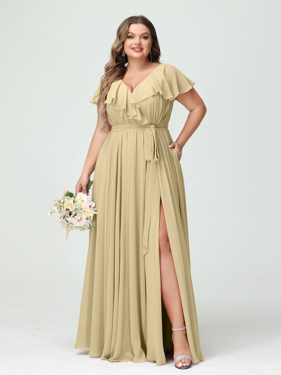 A-Line/Princess V-Neck Short Sleeves Chiffon Ruffles Plus Size Bridesmaid Dresses With Pockets Champagne