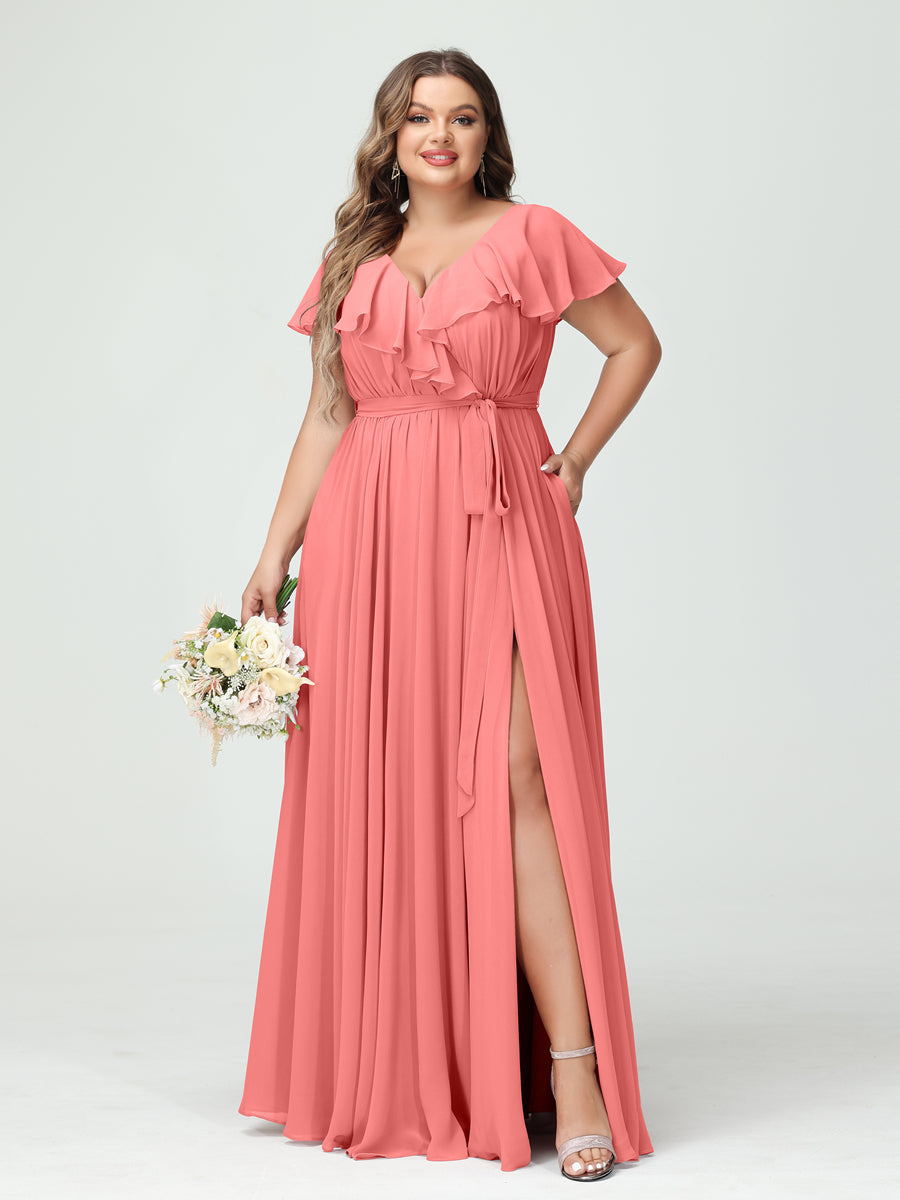 A-Line/Princess V-Neck Short Sleeves Chiffon Ruffles Plus Size Bridesmaid Dresses With Pockets Coral