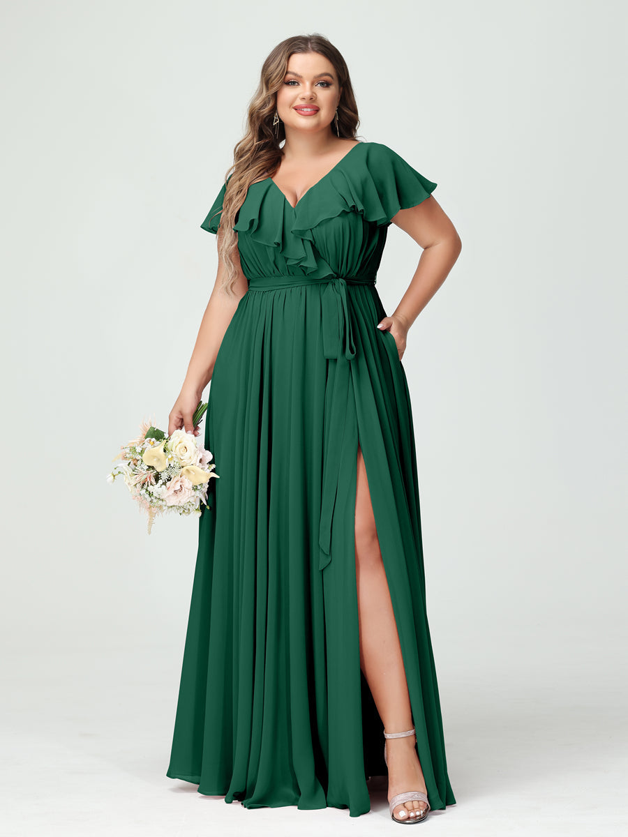 A-Line/Princess V-Neck Short Sleeves Chiffon Ruffles Plus Size Bridesmaid Dresses With Pockets Dark Green
