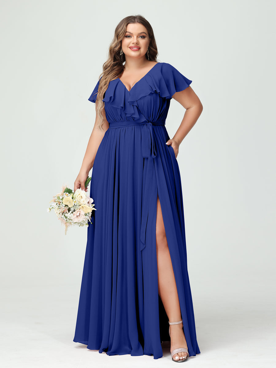 A-Line/Princess V-Neck Short Sleeves Chiffon Ruffles Plus Size Bridesmaid Dresses With Pockets Dark Royal Blue