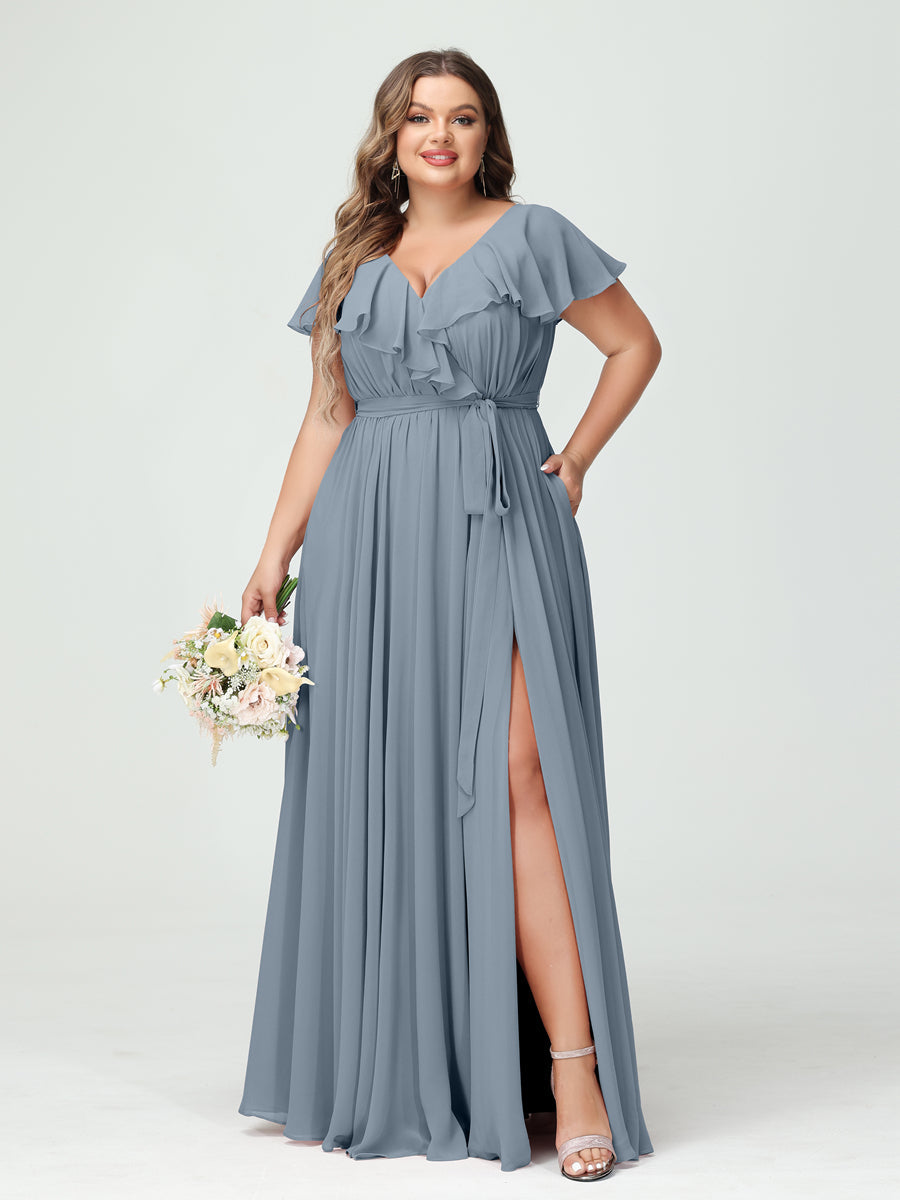 A-Line/Princess V-Neck Short Sleeves Chiffon Ruffles Plus Size Bridesmaid Dresses With Pockets Dusty Blue