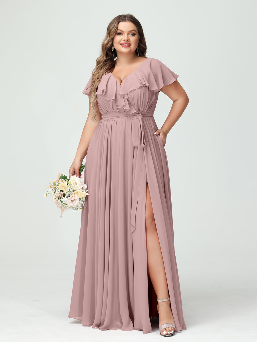 A-Line/Princess V-Neck Short Sleeves Chiffon Ruffles Plus Size Bridesmaid Dresses With Pockets Dusty Pink