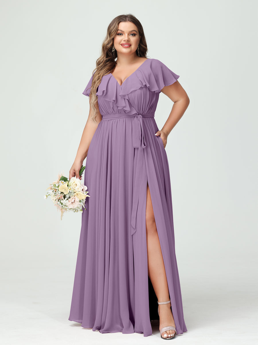 A-Line/Princess V-Neck Short Sleeves Chiffon Ruffles Plus Size Bridesmaid Dresses With Pockets Dusty Purple
