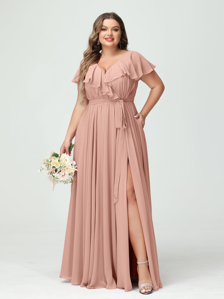 A-Line/Princess V-Neck Short Sleeves Chiffon Ruffles Plus Size Bridesmaid Dresses With Pockets Dusty Rose