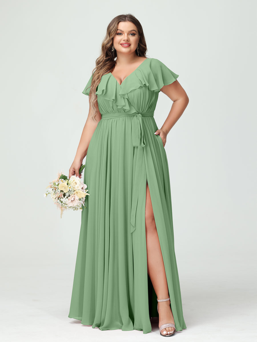 A-Line/Princess V-Neck Short Sleeves Chiffon Ruffles Plus Size Bridesmaid Dresses With Pockets Dusty Sage