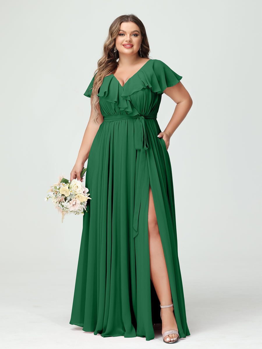 A-Line/Princess V-Neck Short Sleeves Chiffon Ruffles Plus Size Bridesmaid Dresses With Pockets Emerald