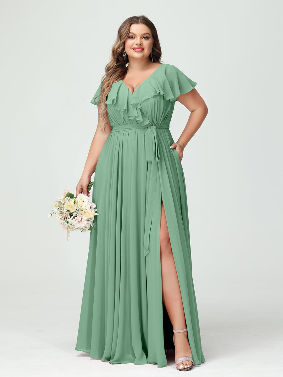 A-Line/Princess V-Neck Short Sleeves Chiffon Ruffles Plus Size Bridesmaid Dresses With Pockets Eucalyptus