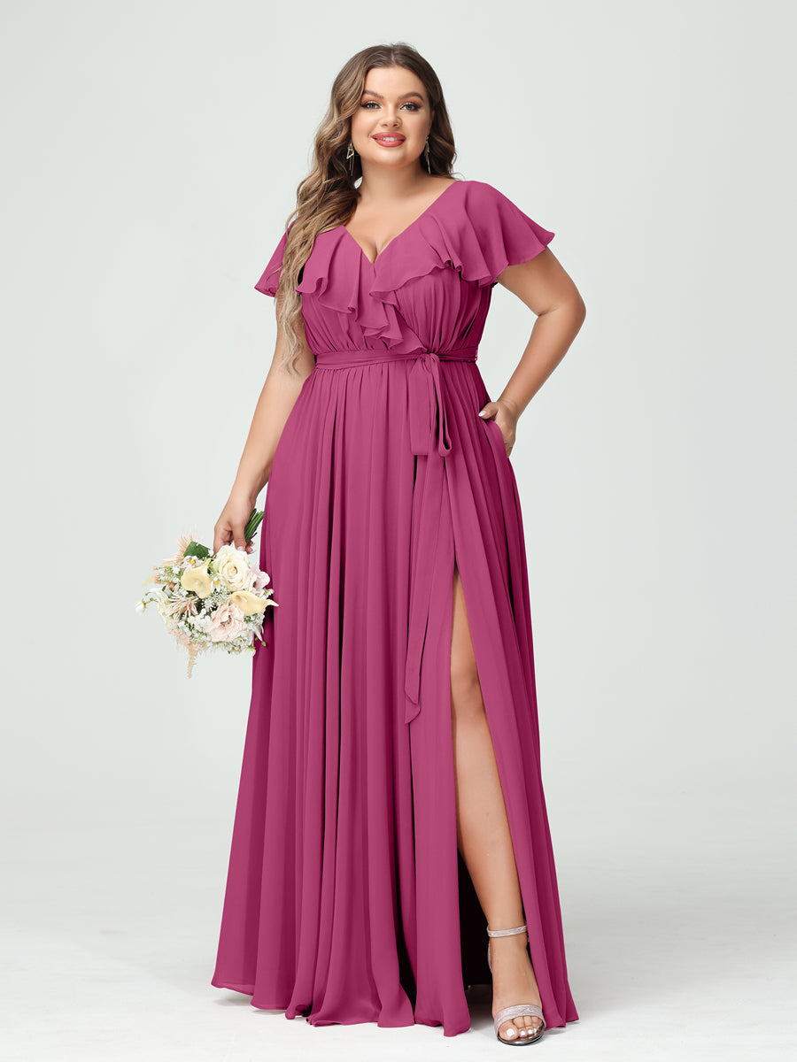 A-Line/Princess V-Neck Short Sleeves Chiffon Ruffles Plus Size Bridesmaid Dresses With Pockets Fuchsia