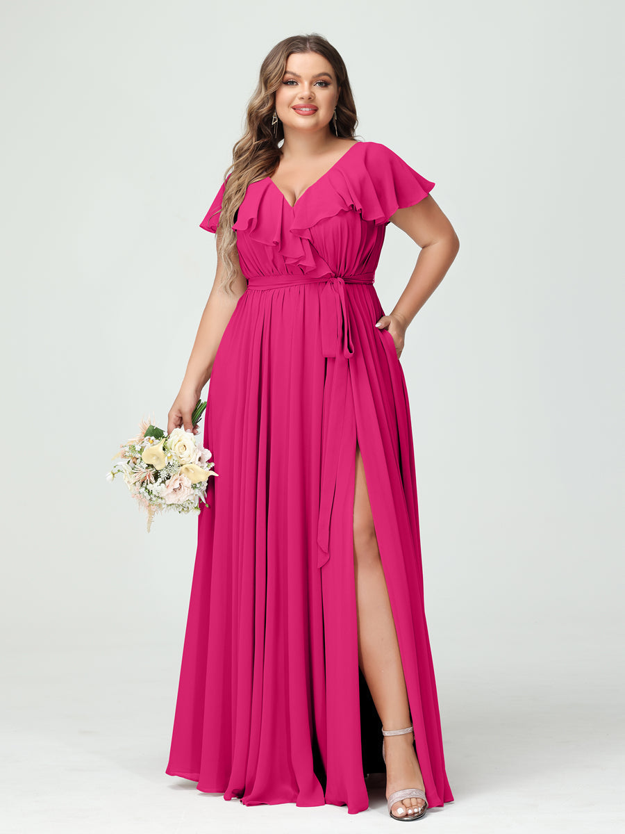 A-Line/Princess V-Neck Short Sleeves Chiffon Ruffles Plus Size Bridesmaid Dresses With Pockets Fuchsia Pink
