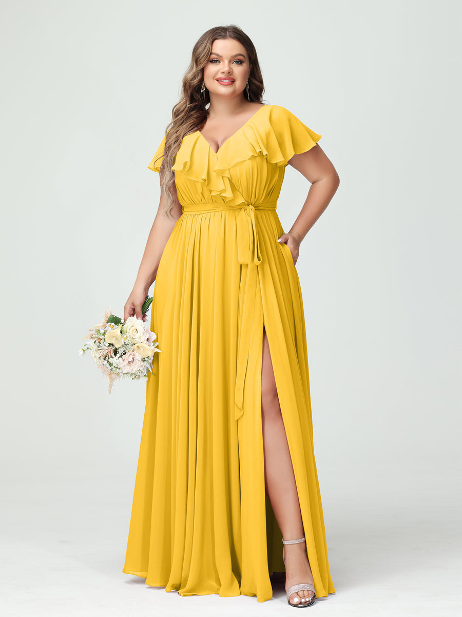 A-Line/Princess V-Neck Short Sleeves Chiffon Ruffles Plus Size Bridesmaid Dresses With Pockets Gold