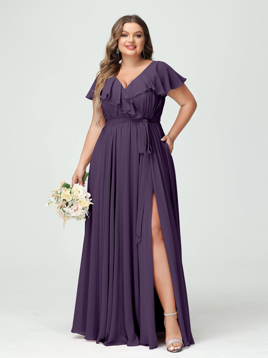 A-Line/Princess V-Neck Short Sleeves Chiffon Ruffles Plus Size Bridesmaid Dresses With Pockets Grape