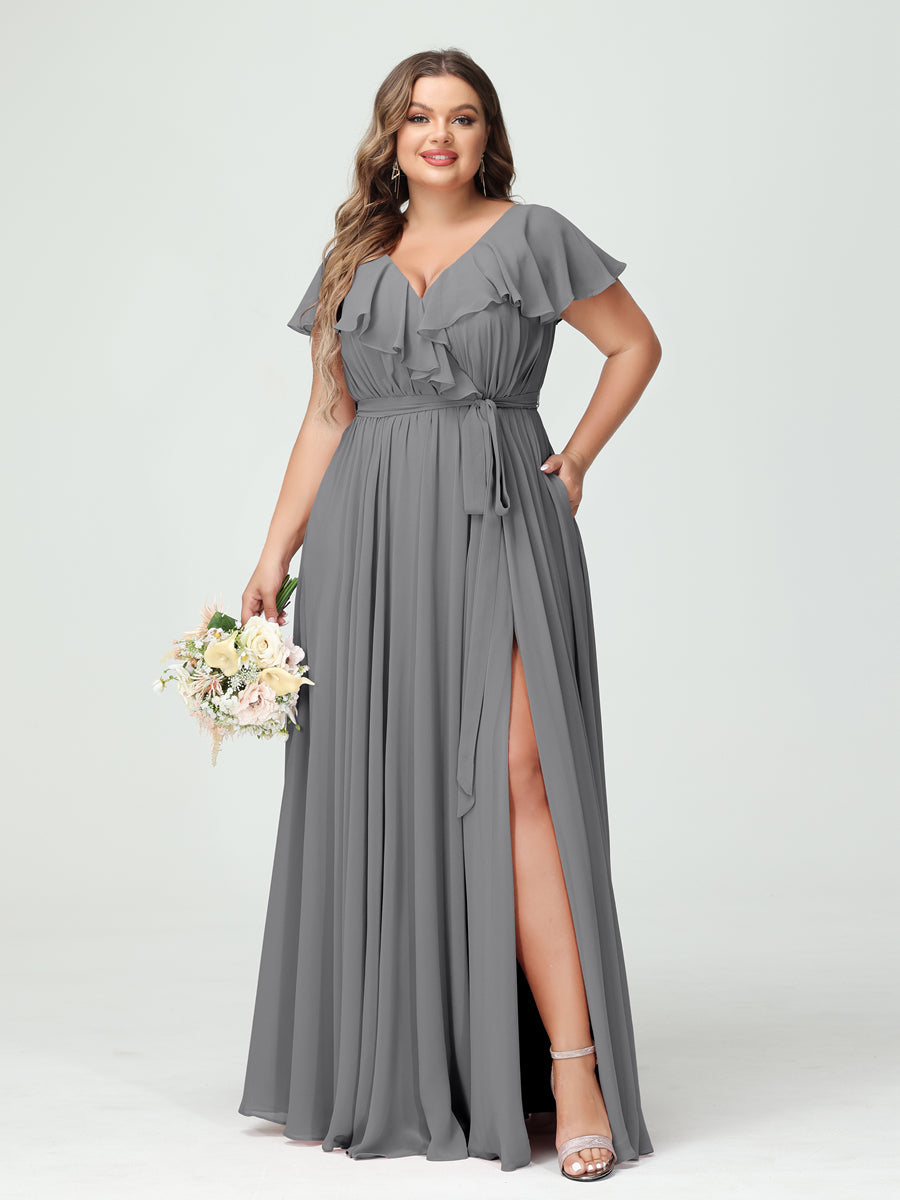 A-Line/Princess V-Neck Short Sleeves Chiffon Ruffles Plus Size Bridesmaid Dresses With Pockets Gray