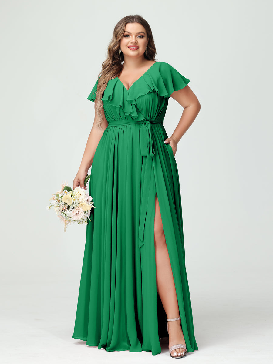 A-Line/Princess V-Neck Short Sleeves Chiffon Ruffles Plus Size Bridesmaid Dresses With Pockets Green