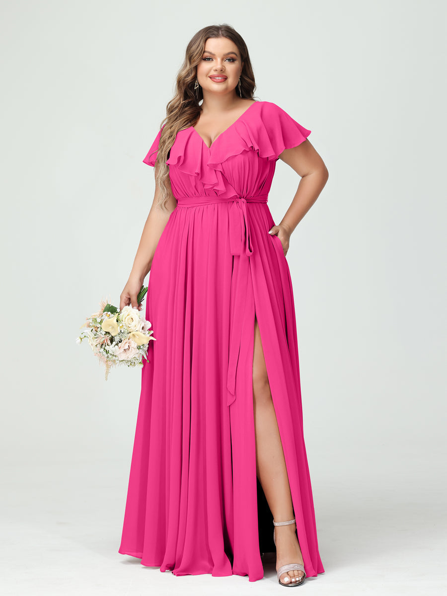 A-Line/Princess V-Neck Short Sleeves Chiffon Ruffles Plus Size Bridesmaid Dresses With Pockets Hot Pink