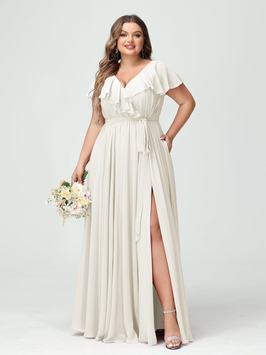 A-Line/Princess V-Neck Short Sleeves Chiffon Ruffles Plus Size Bridesmaid Dresses With Pockets Ivory
