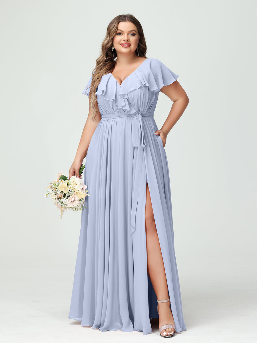 A-Line/Princess V-Neck Short Sleeves Chiffon Ruffles Plus Size Bridesmaid Dresses With Pockets Lavender