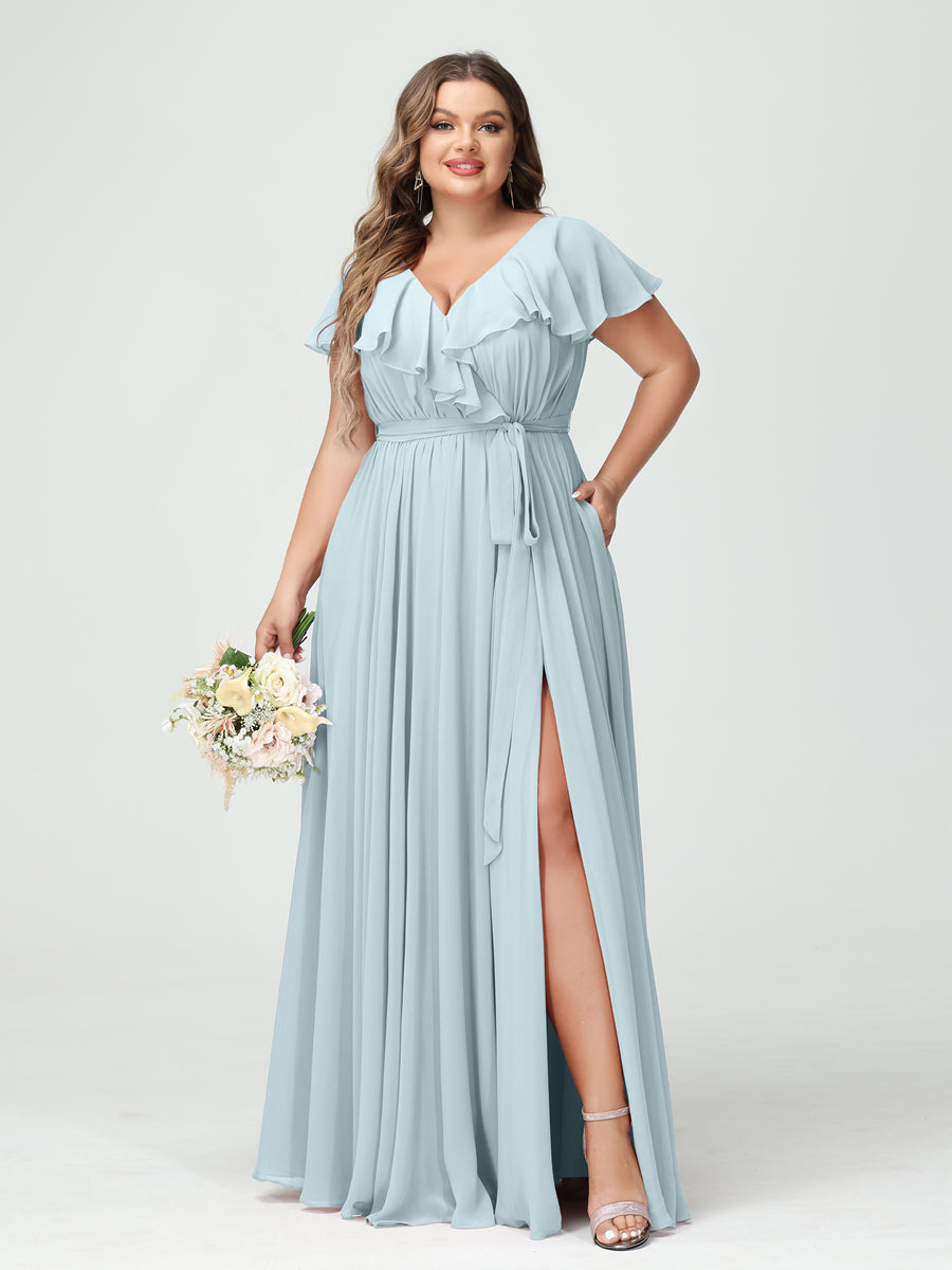 A-Line/Princess V-Neck Short Sleeves Chiffon Ruffles Plus Size Bridesmaid Dresses With Pockets Light Blue