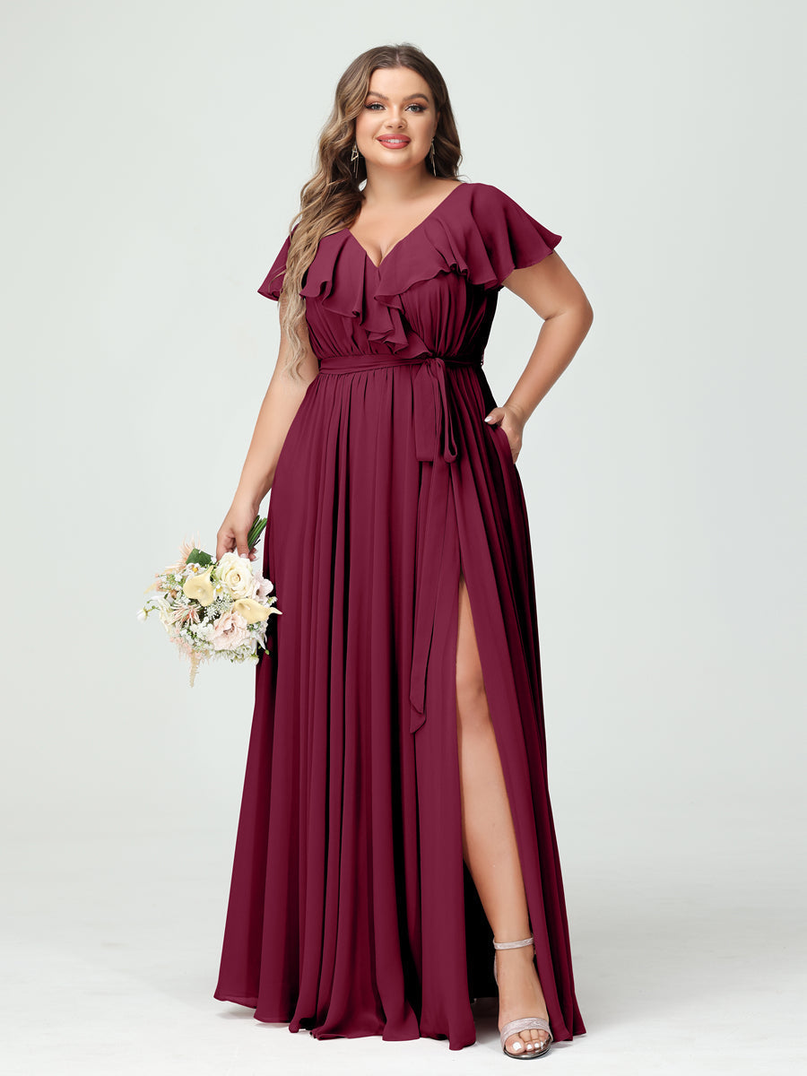 A-Line/Princess V-Neck Short Sleeves Chiffon Ruffles Plus Size Bridesmaid Dresses With Pockets Light Burgundy