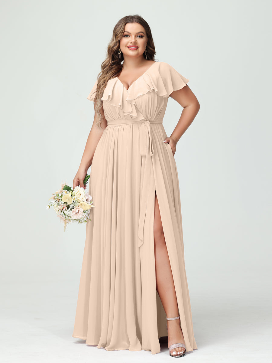 A-Line/Princess V-Neck Short Sleeves Chiffon Ruffles Plus Size Bridesmaid Dresses With Pockets Light Champagne