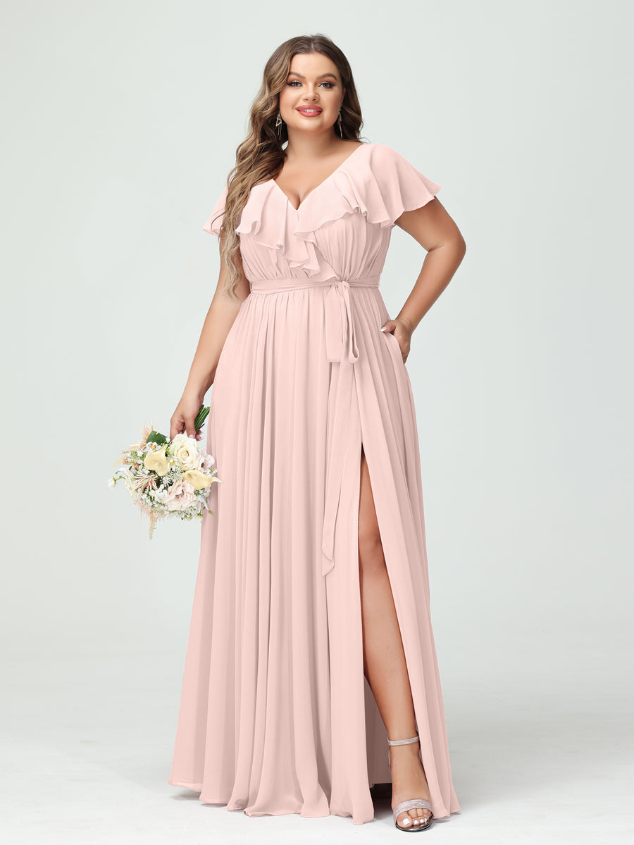 A-Line/Princess V-Neck Short Sleeves Chiffon Ruffles Plus Size Bridesmaid Dresses With Pockets Light Pink