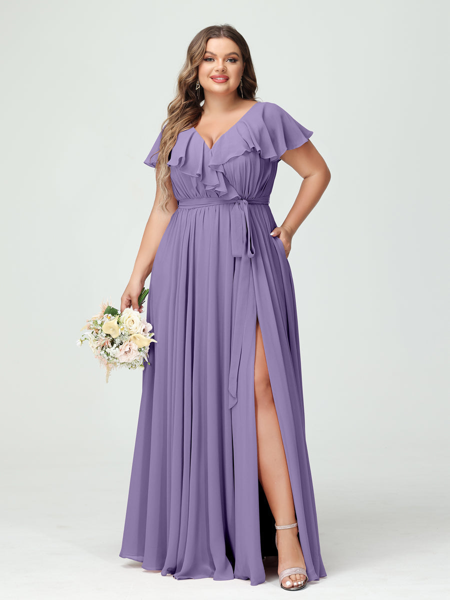 A-Line/Princess V-Neck Short Sleeves Chiffon Ruffles Plus Size Bridesmaid Dresses With Pockets Light Purple