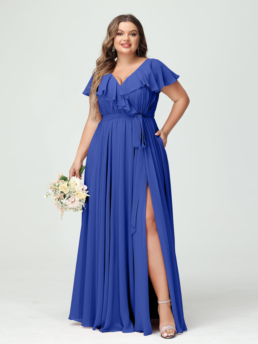 A-Line/Princess V-Neck Short Sleeves Chiffon Ruffles Plus Size Bridesmaid Dresses With Pockets Light Royal Blue