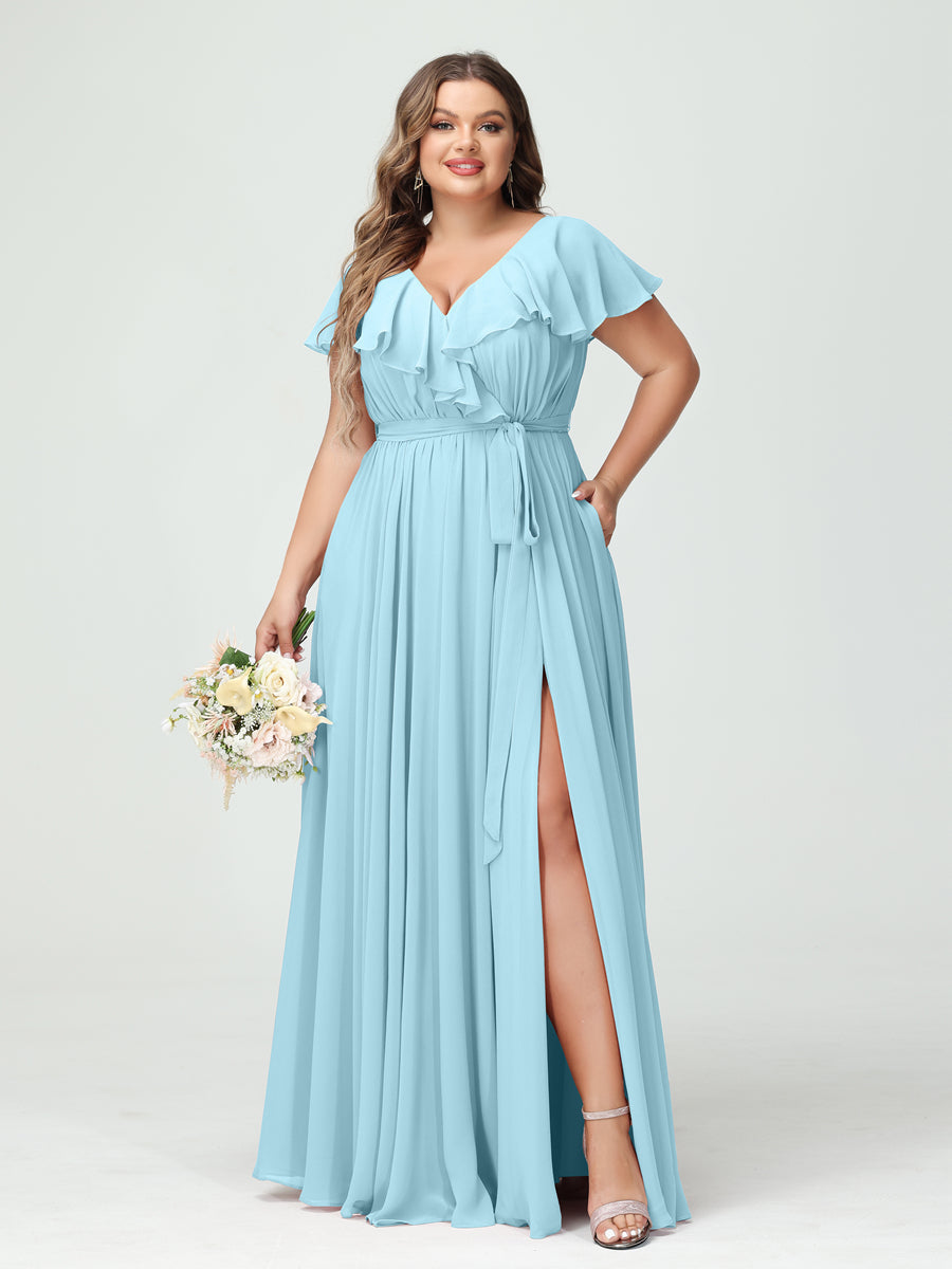 A-Line/Princess V-Neck Short Sleeves Chiffon Ruffles Plus Size Bridesmaid Dresses With Pockets Light Sky Blue