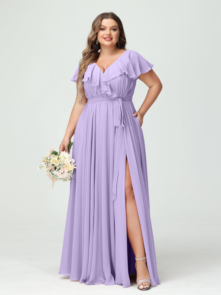 A-Line/Princess V-Neck Short Sleeves Chiffon Ruffles Plus Size Bridesmaid Dresses With Pockets Lilac