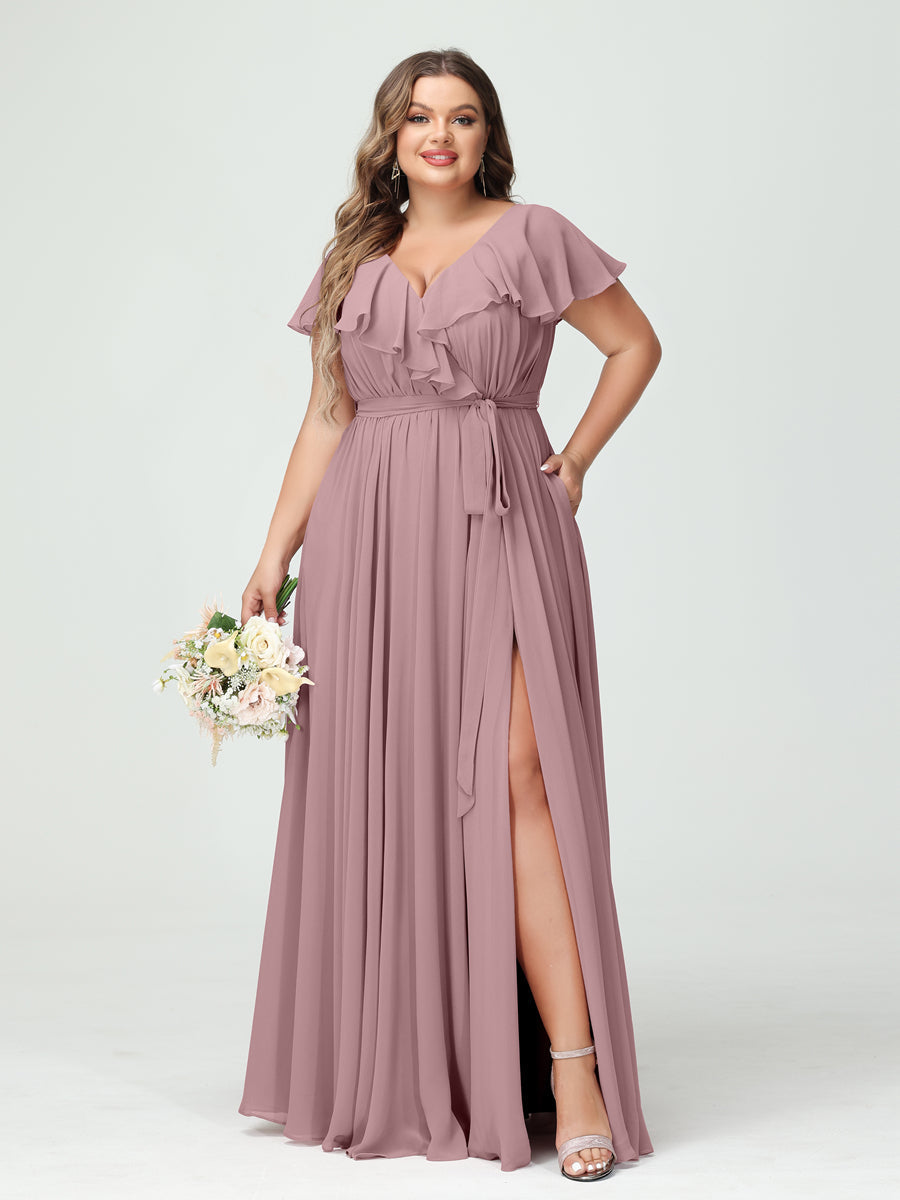 A-Line/Princess V-Neck Short Sleeves Chiffon Ruffles Plus Size Bridesmaid Dresses With Pockets Mauve
