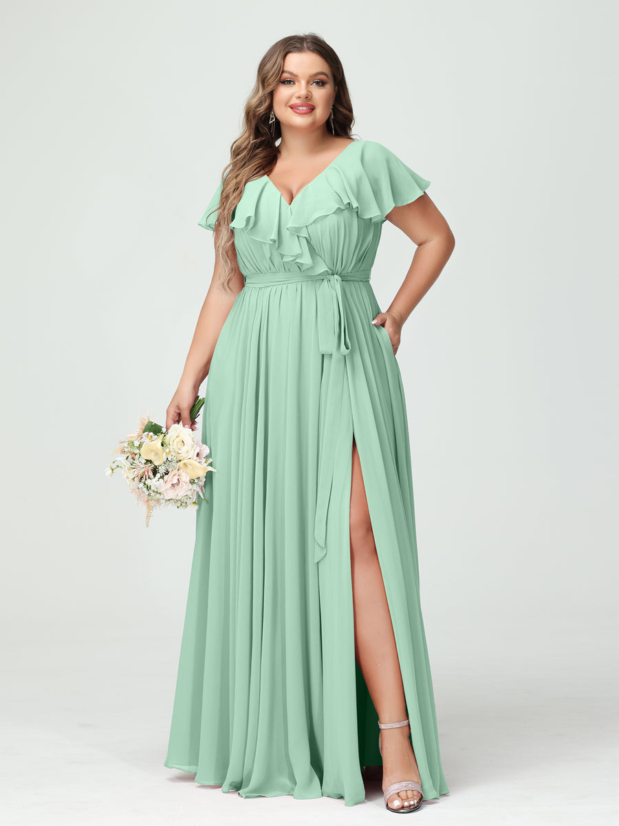 A-Line/Princess V-Neck Short Sleeves Chiffon Ruffles Plus Size Bridesmaid Dresses With Pockets Mint Green