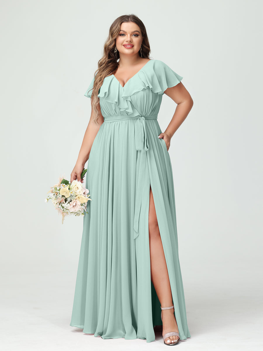 A-Line/Princess V-Neck Short Sleeves Chiffon Ruffles Plus Size Bridesmaid Dresses With Pockets Mist Blue