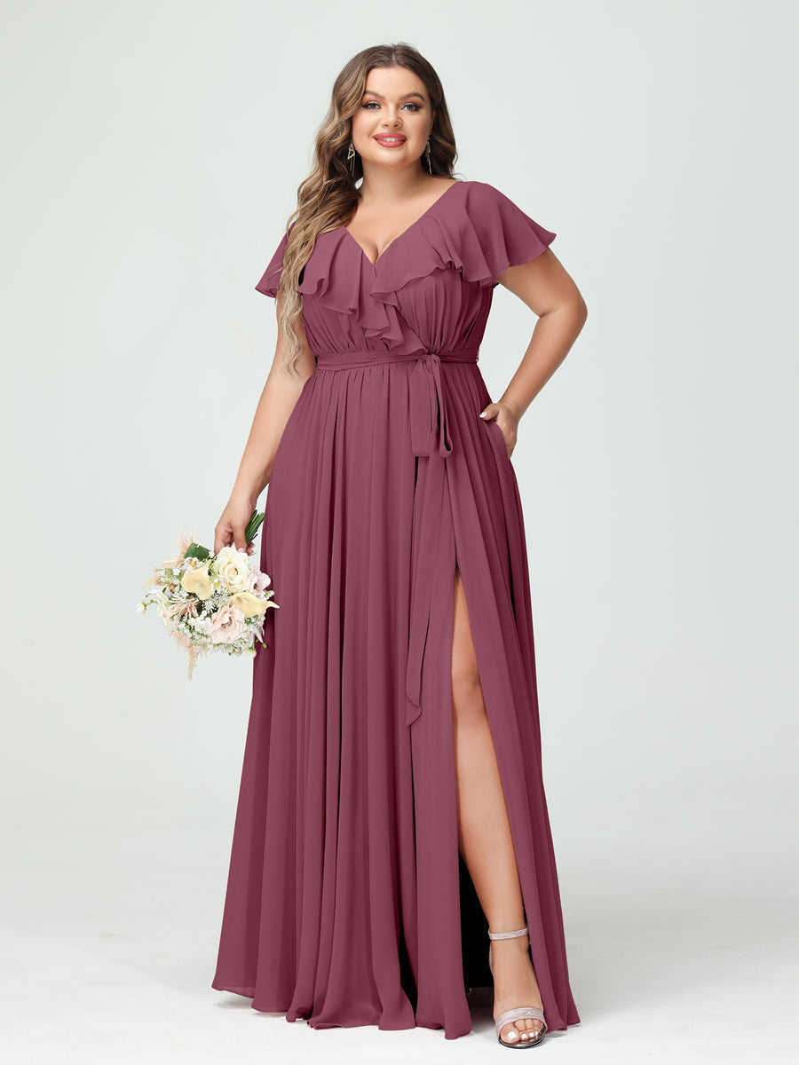 A-Line/Princess V-Neck Short Sleeves Chiffon Ruffles Plus Size Bridesmaid Dresses With Pockets Mulberry