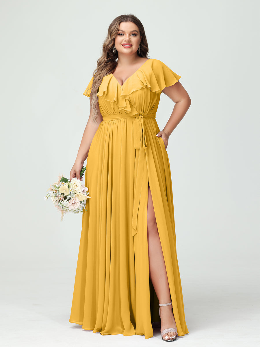 A-Line/Princess V-Neck Short Sleeves Chiffon Ruffles Plus Size Bridesmaid Dresses With Pockets Mustard Yellow