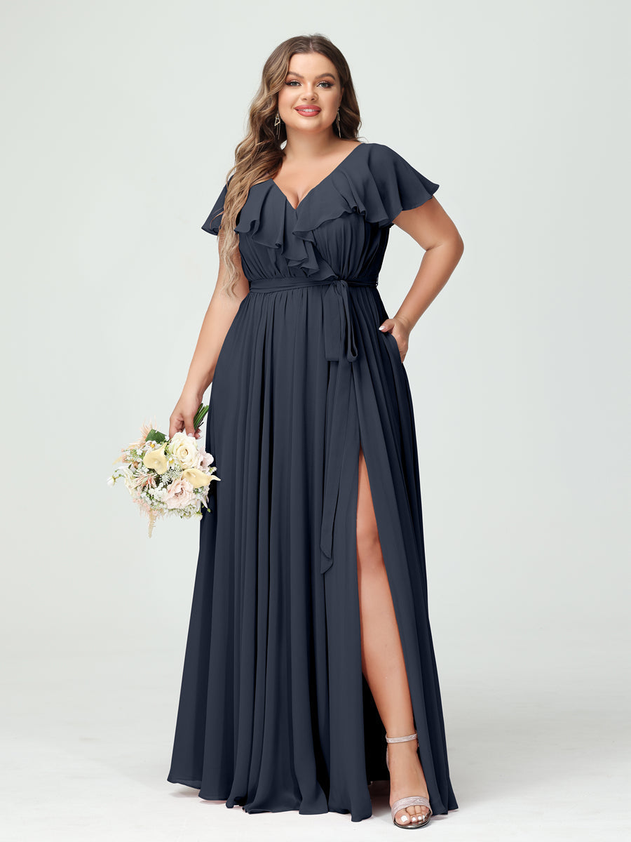 A-Line/Princess V-Neck Short Sleeves Chiffon Ruffles Plus Size Bridesmaid Dresses With Pockets Navy Blue