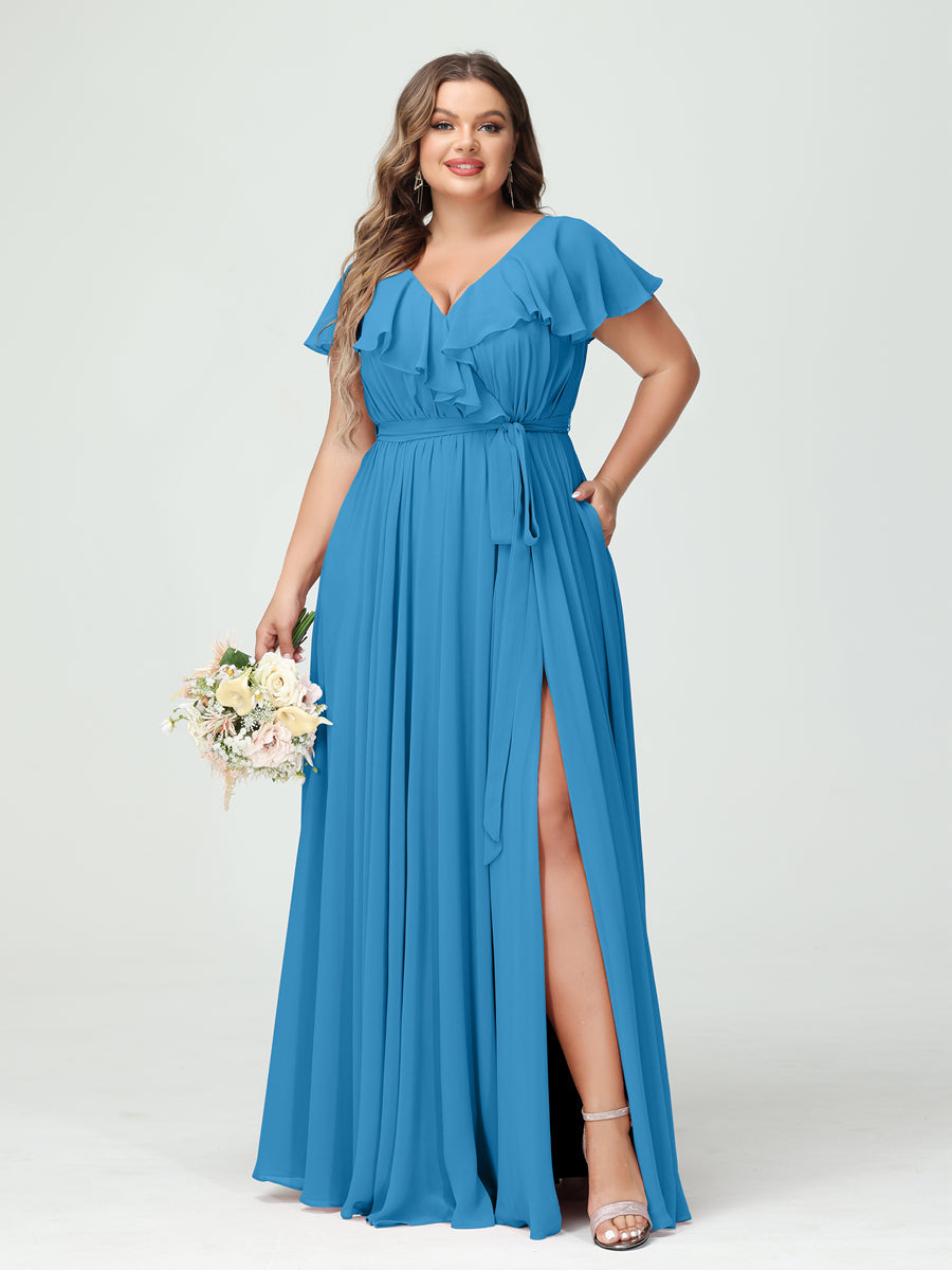 A-Line/Princess V-Neck Short Sleeves Chiffon Ruffles Plus Size Bridesmaid Dresses With Pockets Ocean Blue