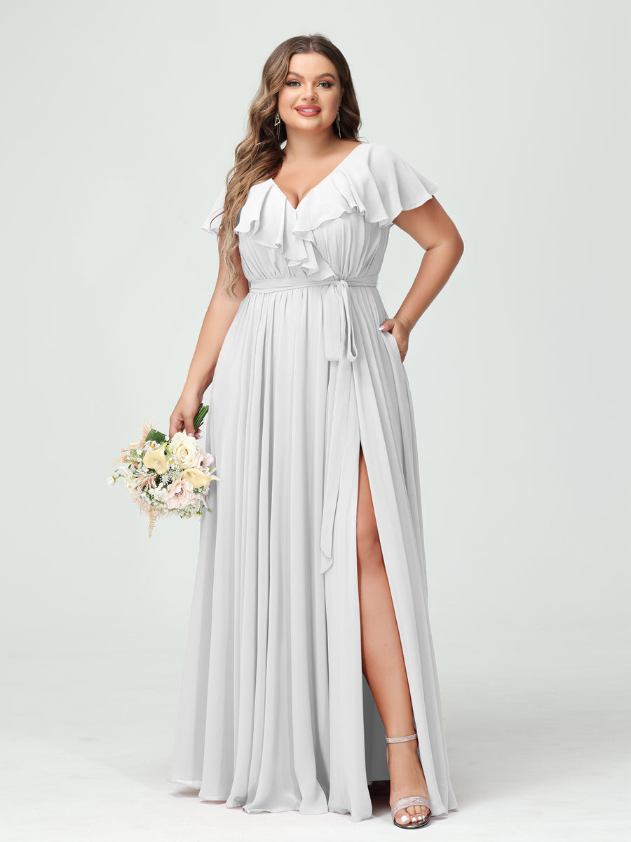 A-Line/Princess V-Neck Short Sleeves Chiffon Ruffles Plus Size Bridesmaid Dresses With Pockets Off White