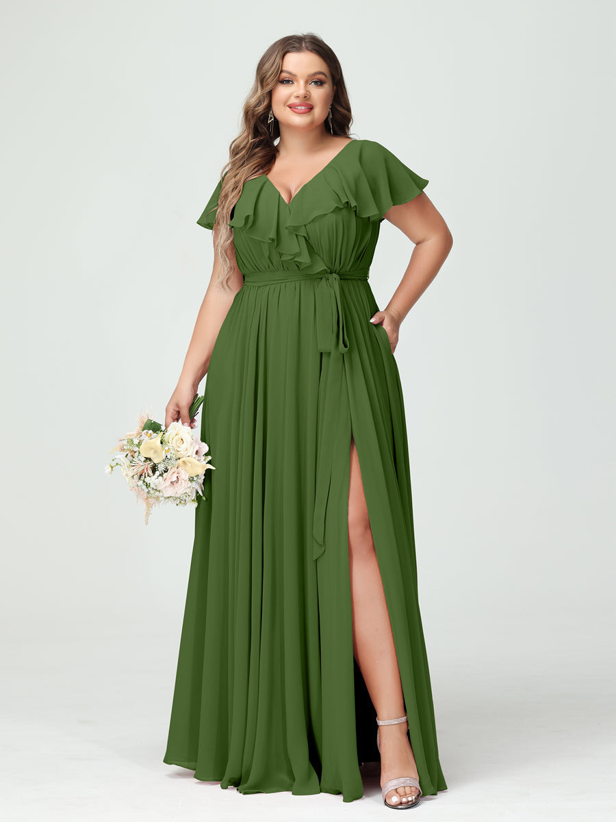 A-Line/Princess V-Neck Short Sleeves Chiffon Ruffles Plus Size Bridesmaid Dresses With Pockets Olive Green