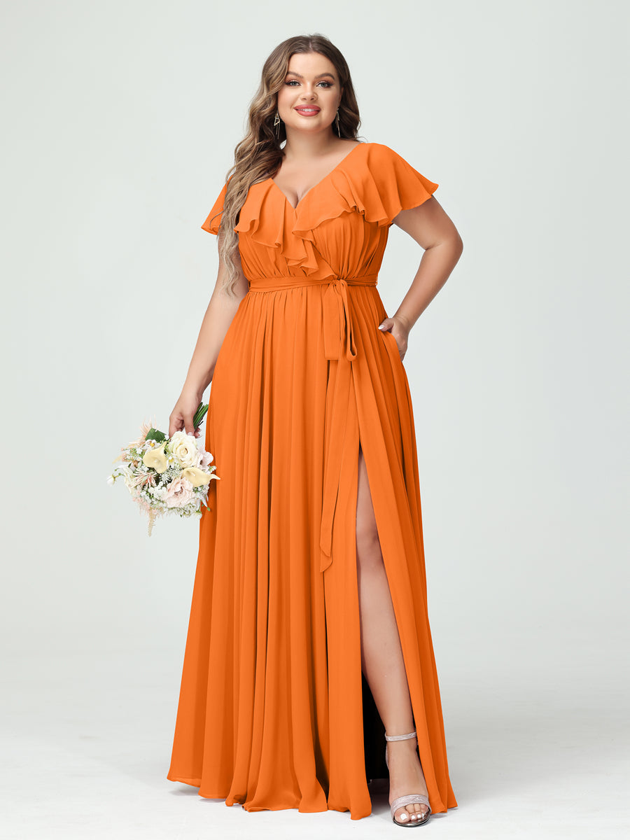 A-Line/Princess V-Neck Short Sleeves Chiffon Ruffles Plus Size Bridesmaid Dresses With Pockets Orange