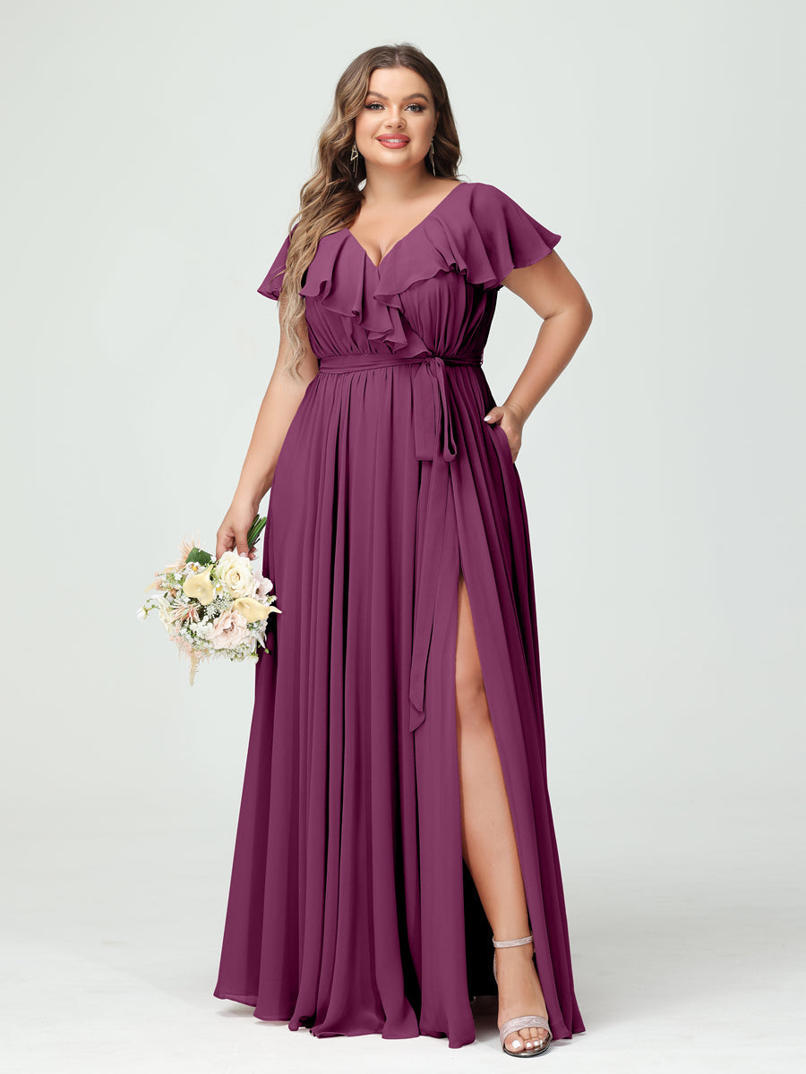 A-Line/Princess V-Neck Short Sleeves Chiffon Ruffles Plus Size Bridesmaid Dresses With Pockets Orchid