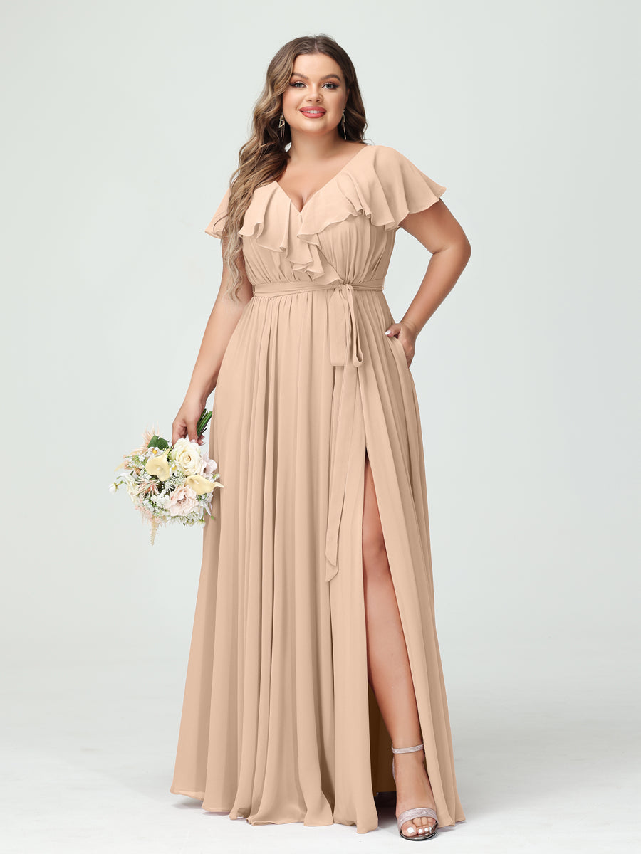 A-Line/Princess V-Neck Short Sleeves Chiffon Ruffles Plus Size Bridesmaid Dresses With Pockets Peach Pink