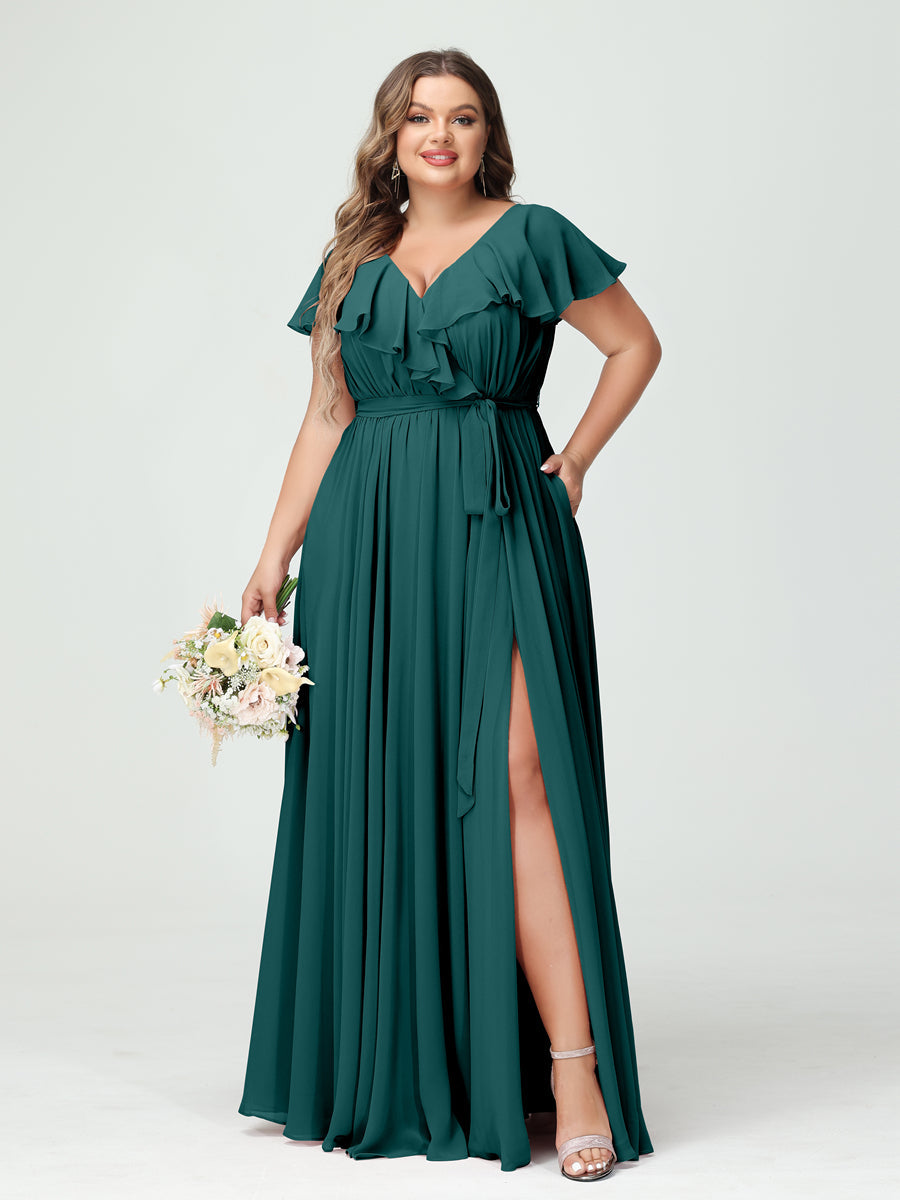 A-Line/Princess V-Neck Short Sleeves Chiffon Ruffles Plus Size Bridesmaid Dresses With Pockets Peacock