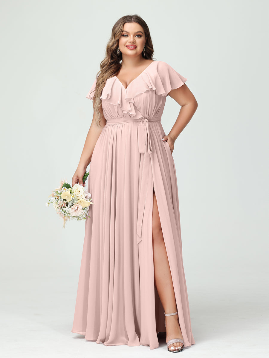 A-Line/Princess V-Neck Short Sleeves Chiffon Ruffles Plus Size Bridesmaid Dresses With Pockets Pearl Pink