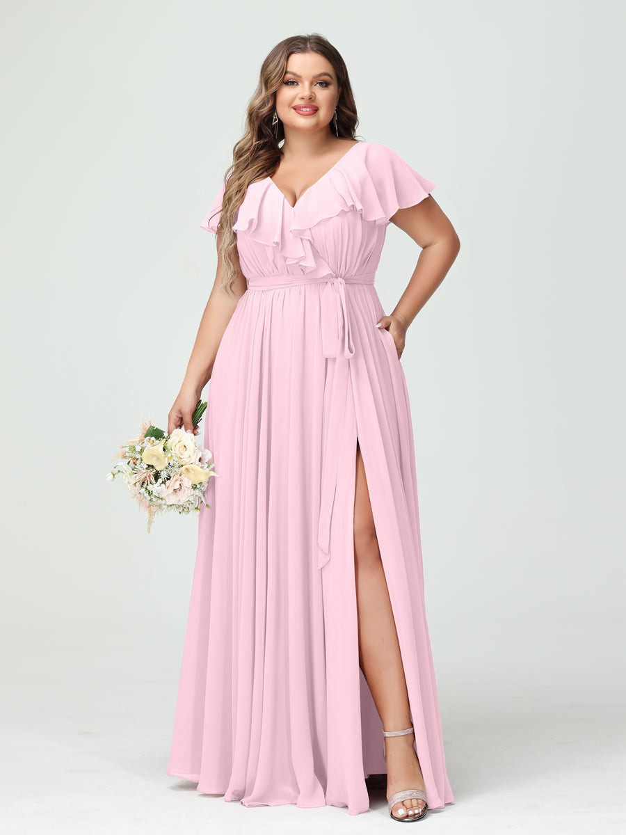 A-Line/Princess V-Neck Short Sleeves Chiffon Ruffles Plus Size Bridesmaid Dresses With Pockets Pink